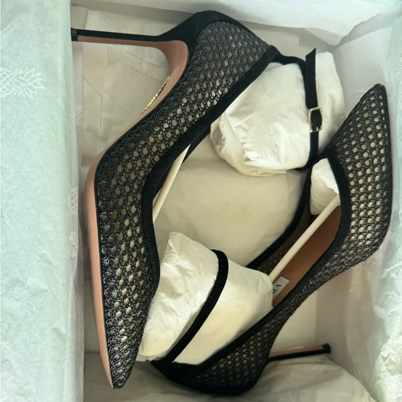 Aquazzura Asha Mesh Leather Pump 85 Black Heels – Size 37 – NIB - Picture 9 of 12